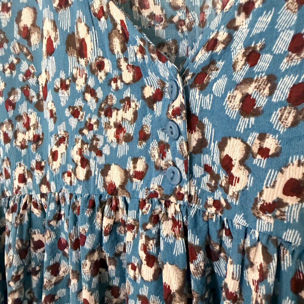 Boho Mini Peasant Baby Doll Dress Tunic Blue Mixed Print Size Small - Picture 4 of 8